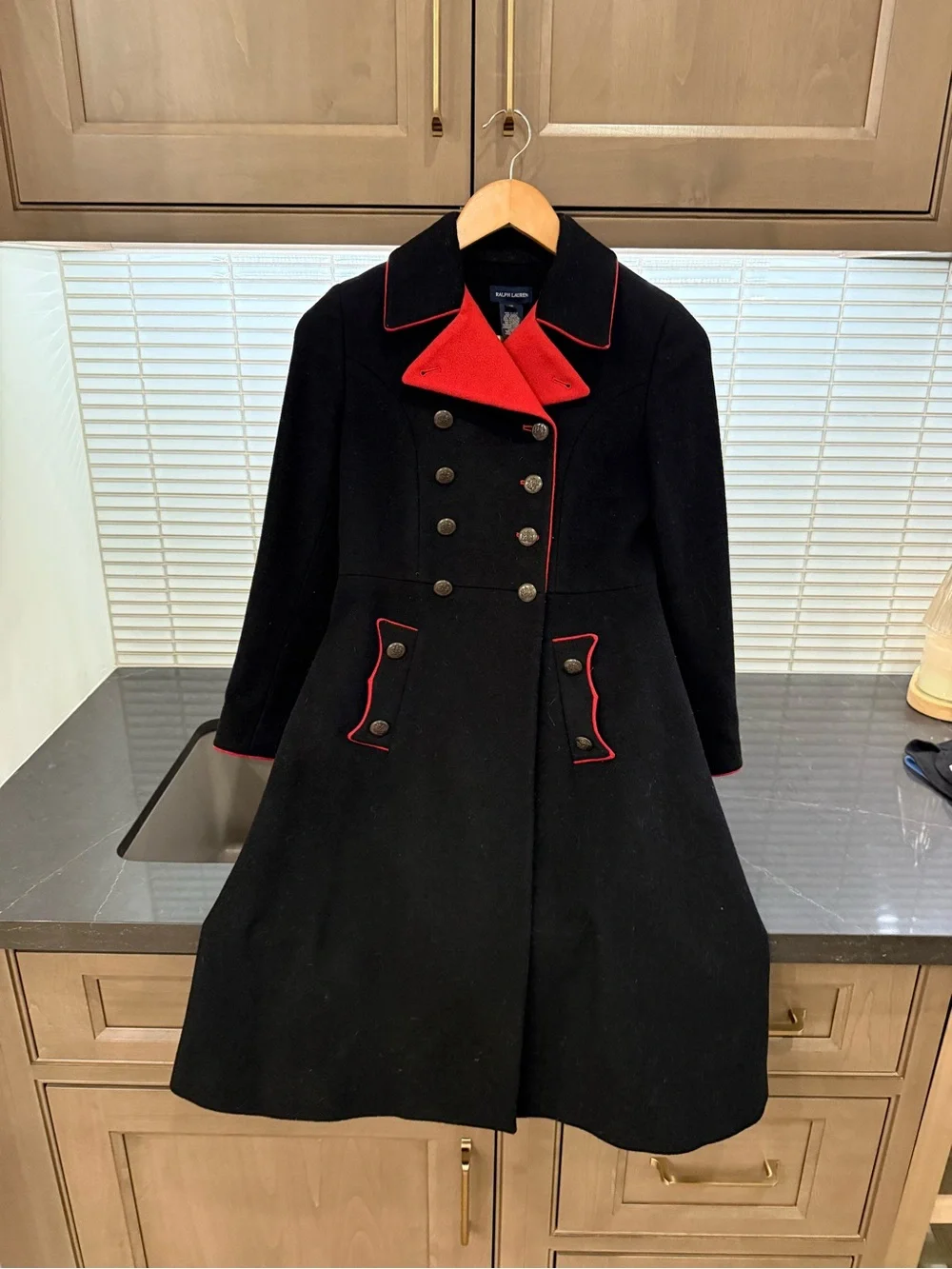 Ralph Lauren Beautiful Double Lined Wool Coat - Black with Red Trim Accents